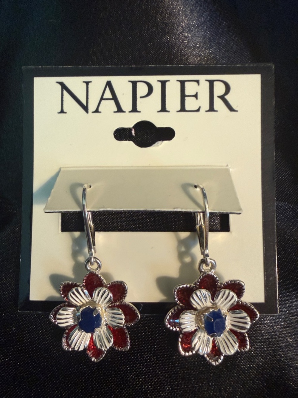 Napier Silver-Tone Red and Blue Floral Drop Earrings